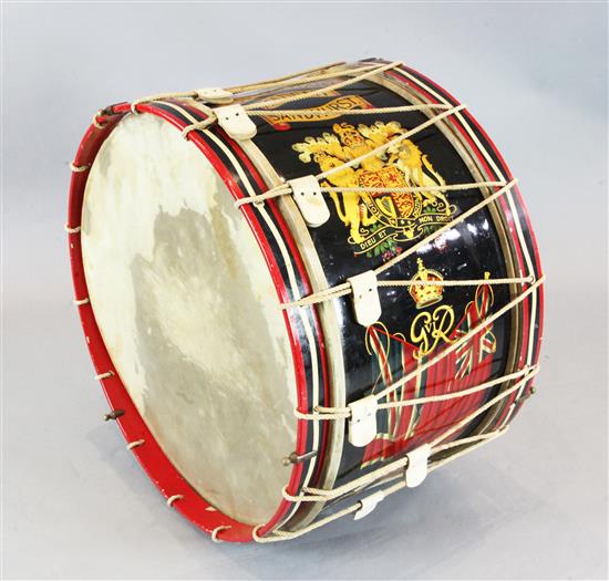 A George VI Royal Military Academy Sandhurst bass drum, diameter 31in. D.19.5in.